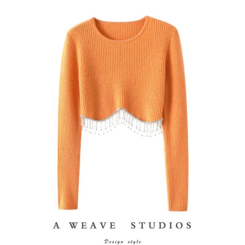 启超官方正品！手工流苏钻圆领羊绒衫女短款纯羊绒毛衣修身针织衫,女装/女士精品,羊绒衫,淘宝优惠券,粉丝福利购,淘宝优惠卷