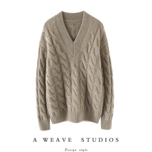 女V领绞花纯羊绒毛衣宽松新款 谁穿都气质 粗针加厚100%纯山羊绒衫