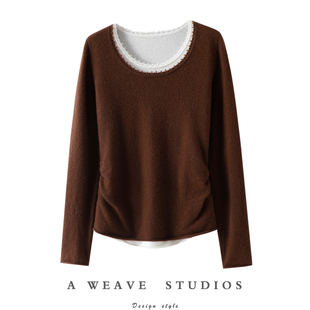 秋冬 女圆领纯羊绒毛衣针织衫 这颜值太爱了 假两件100%纯山羊绒衫