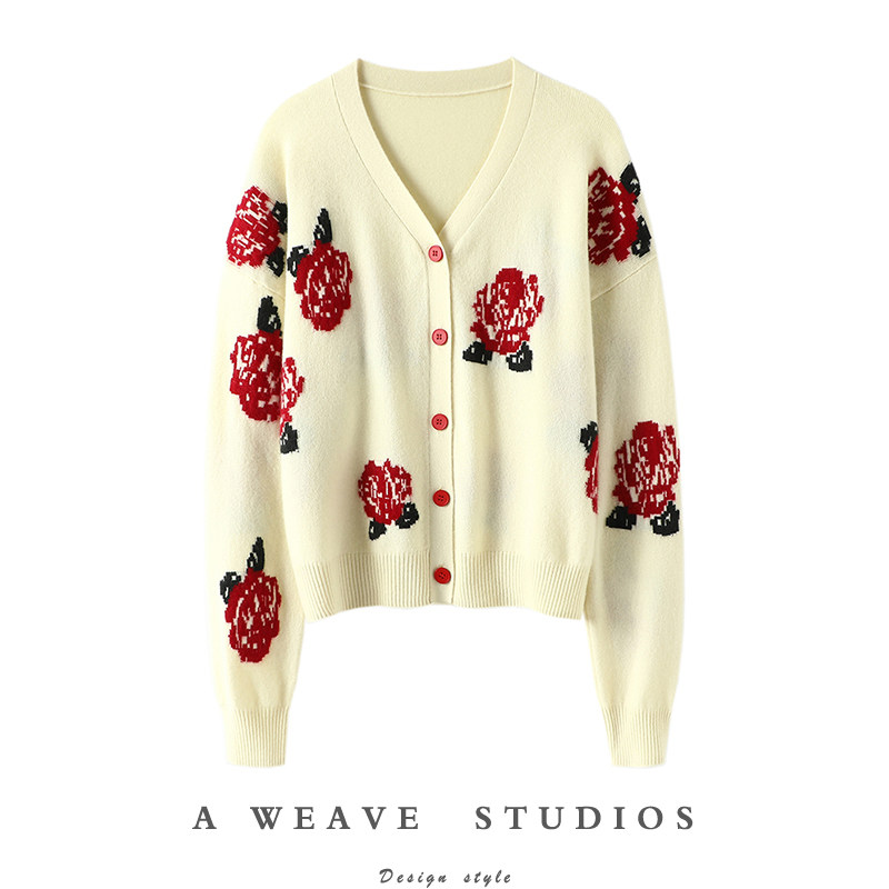 巴厘岛的春天！玫瑰花v领山羊绒开衫女纯羊绒毛衣针织衫外套宽松