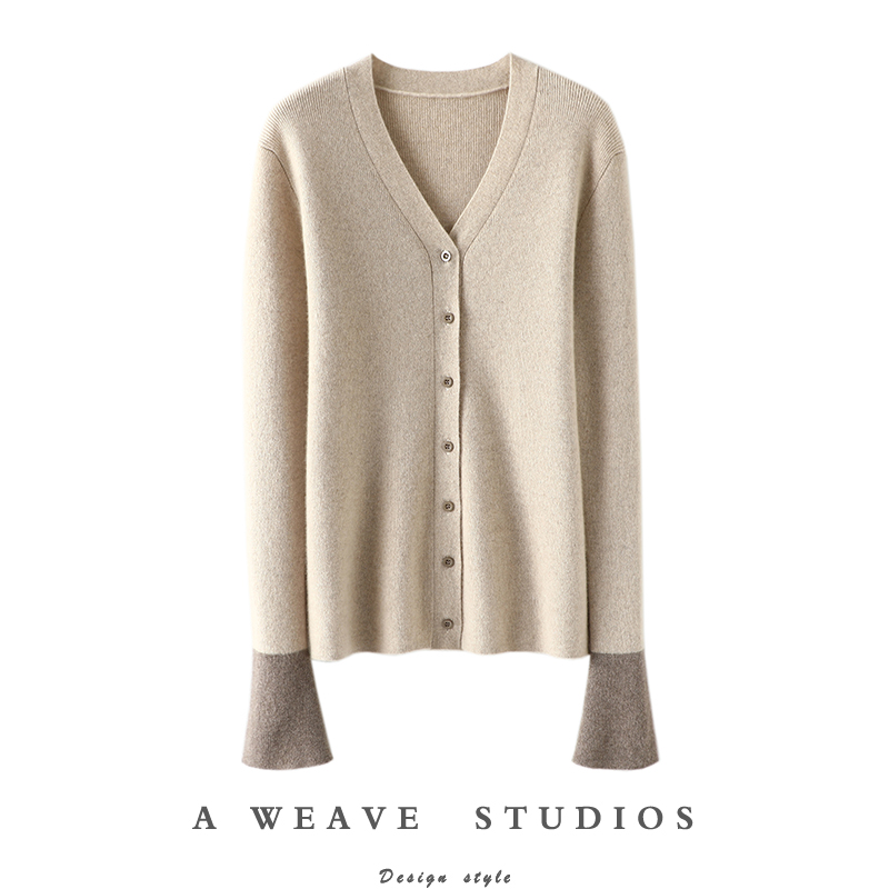 资深柜姐力荐！撞色喇叭袖山羊绒开衫女纯羊绒毛衣针织开衫显瘦,女装/女士精品,羊绒衫,淘宝优惠券,粉丝福利购,淘宝优惠卷