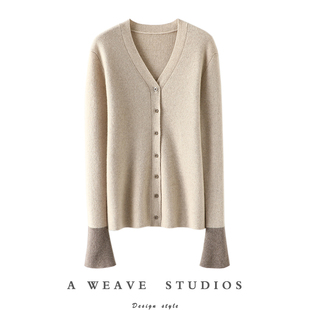 资深柜姐力荐！撞色喇叭袖山羊绒开衫女纯羊绒毛衣针织开衫显瘦