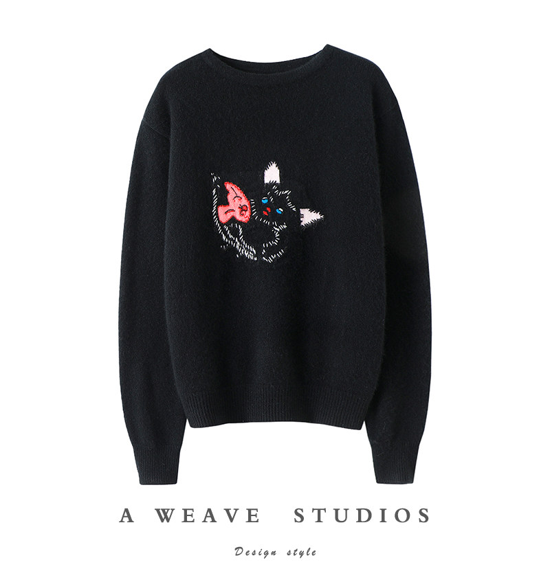 见之狂喜~手工绣可爱小猫！加厚圆领纯山羊绒衫女纯羊绒毛衣宽松,女装/女士精品,羊绒衫,淘宝优惠券,粉丝福利购,淘宝优惠卷