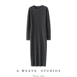 官方正品~圆领100%纯山羊绒连衣裙女纯羊绒毛衣针织衫长款秋冬