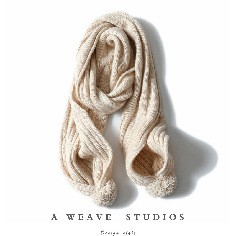 这款很OK哦！加厚羊绒围巾女保暖纯山羊绒围脖针织毛球可爱围巾冬