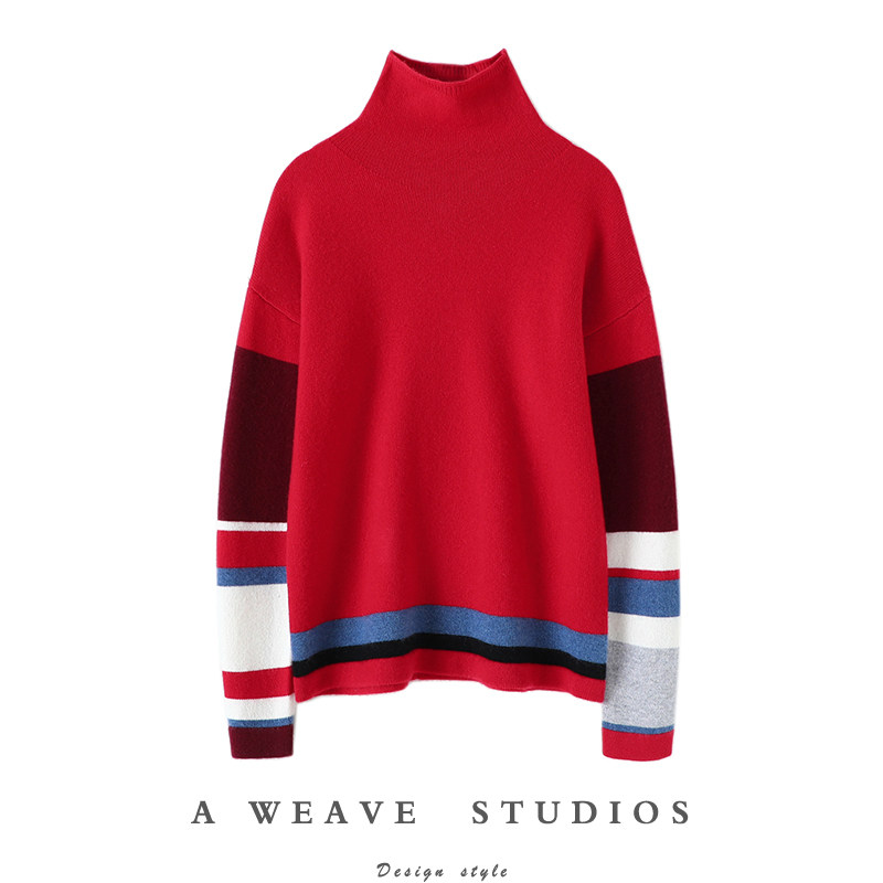 格外显肤白！撞色高领山羊绒衫女纯羊绒毛衣针织打底衫宽松秋冬,女装/女士精品,羊绒衫,淘宝优惠券,粉丝福利购,淘宝优惠卷