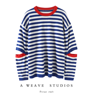 仙仙美美的~太提气！条纹羊绒衫女圆领纯羊绒毛衣宽松针织衫秋冬