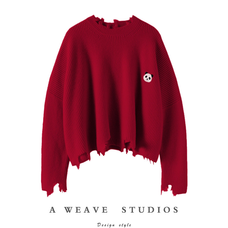 遇见浪漫！不规则毛边羊绒衫100纯羊绒女熊猫廓形短款毛衣圆领厚,女装/女士精品,羊绒衫,淘宝优惠券,粉丝福利购,淘宝优惠卷