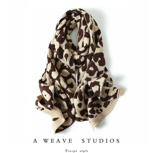 越戴越美！豹纹加厚纯山羊绒围巾女纯羊绒毛线针织围巾保暖秋冬季