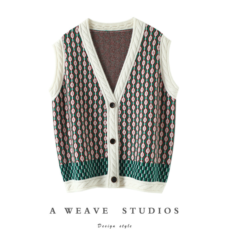 气质与众不同~复古时髦配色羊绒马甲针织开衫女纯羊绒坎肩背心厚