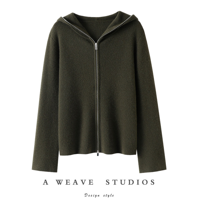 官方正品~连帽拉链羊绒开衫女纯羊绒毛衣针织带帽外套秋冬加厚
