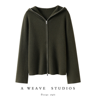 官方正品~连帽拉链羊绒开衫女纯羊绒毛衣针织带帽外套秋冬加厚