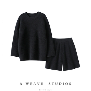 一穿钟情！加厚100%纯山羊绒衫女圆领毛衣宽松针织短裤秋冬套装