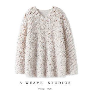 高定！美学表达！纯手工缝亮片100%纯山羊绒衫女V领毛衣宽松加厚