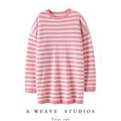 女中长款 千金小松弛 条纹圆领100%纯山羊绒衫 纯羊绒毛衣慵懒风