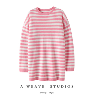 千金小松弛~条纹圆领100%纯山羊绒衫女中长款纯羊绒毛衣慵懒风