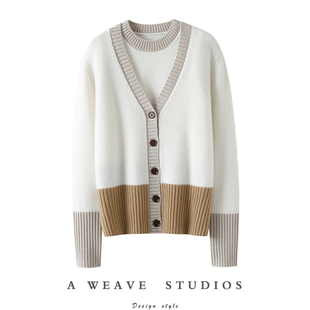 女拼色毛衣背心针织外套套装 给你隐形话语 加厚100%纯山羊绒开衫