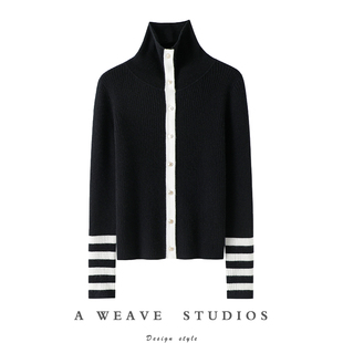 颜值质感在线！高领100%纯山羊绒开衫女条纹毛衣修身针织打底衫