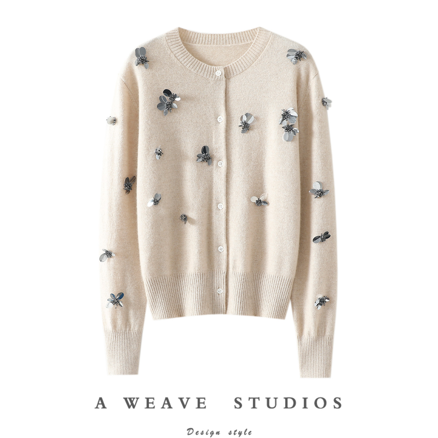 不C位都难！手工亮片100%纯山羊绒开衫女圆领纯羊绒毛衣秋冬外套,女装/女士精品,羊绒衫,淘宝优惠券,粉丝福利购,淘宝优惠卷