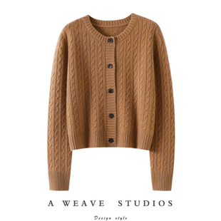 自然美醉~加厚100%纯山羊绒开衫女圆领纯羊绒毛衣针织衫宽松秋冬