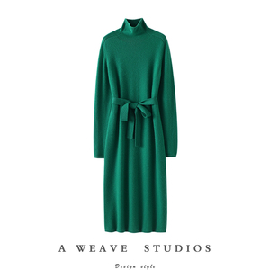 实力品相！系带加厚高领羊绒衫女长款连衣裙纯羊绒毛衣针织裙子