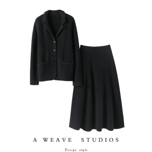 冬 女纯羊绒半身裙子套装 高奢意大利原版 重磅加厚斜纹羊绒开衫