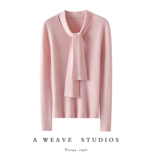 女V领纯羊绒毛衣针织打底衫 深情不及陪伴 飘带100%纯山羊绒衫