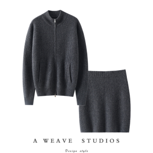 女半高领羊绒短裙秋冬套装 闭眼冲 加厚纯羊绒拉链开衫 秀款 时装