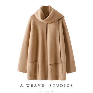 外套 女纯羊绒毛衣连围巾中长款 启超官方正品 加厚100%山羊绒开衫