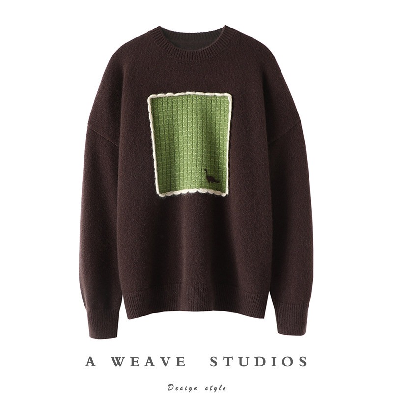 时尚照人！拼色方块提花手工绣加厚圆领羊绒衫女纯羊绒毛衣宽松,女装/女士精品,羊绒衫,淘宝优惠券,粉丝福利购,淘宝优惠卷