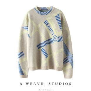 重工提花自带复古腔调！四平针加厚圆领羊绒衫女纯羊绒毛衣宽松冬