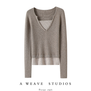 不羁的时尚！V领100%纯山羊绒衫女假两件纯羊绒毛衣针织打底衫