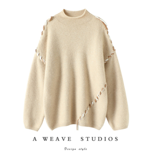 启超赚足回头率！彩绳半高领100%羊绒衫女加厚纯羊绒毛衣宽松冬