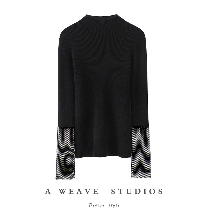 明星般璀璨！精致网纱水钻半高领羊绒衫女针织打底衫纯羊绒毛衣