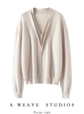 炸街潮范~假两件双V领羊绒开衫女纯羊绒毛衣针织开衫外套宽松秋冬