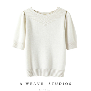 启超调性傲娇~圆领100%纯山羊绒短袖女纯羊绒毛衣针织衫T恤宽松