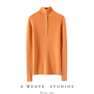 女纯羊绒毛衣针织打底衫 稳稳 羊绒衫 金扣高领弹力修身 冬 时髦感