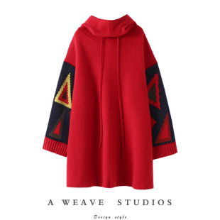 时髦表率！连帽几何提花阔袖羊绒衫女中长款纯羊绒帽衫连衣裙子