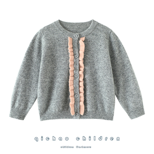 燃爆萌萌~儿童100%纯山羊绒开衫女童圆领针织毛衣中小童宝宝新款