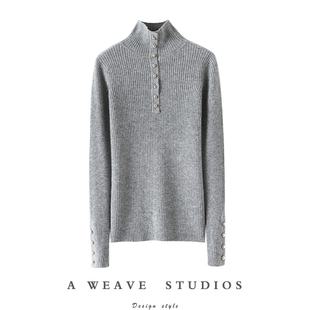 女纯羊绒毛衣针织打底衫 为其版 羊绒衫 金扣高领弹力修身 冬 型折服