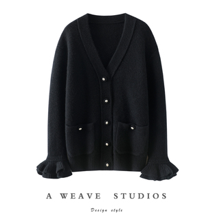 都市丽人标配！重磅加厚花边袖100%纯山羊绒开衫女V领针织外套