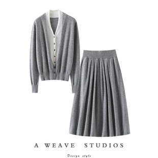 女V领毛衣针织半身裙子套装 官方正品 秋冬假两件100%纯山羊绒衫