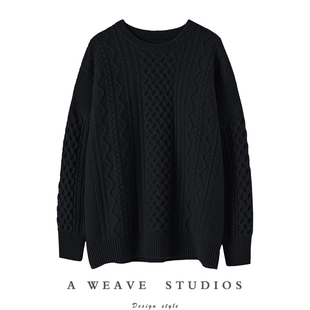 黑色搭一切！重磅加厚绞花100%羊绒衫女纯羊绒圆领宽松毛衣女秋冬