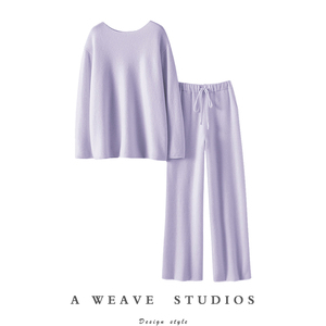 奢华重现！温柔娴静羊绒衫女小一字领上衣9分阔腿裤套装【启超】