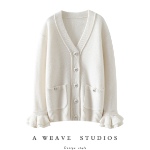 100%纯山羊绒开衫 重磅加厚花边袖 女V领针织外套 一款 爱不释手