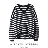 女纯羊绒毛衣套头针织衫 随便穿都有品 条纹V领羊绒衫 宽松秋冬加厚