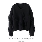 女纯羊绒毛衣针织衫 就爱穿它 坑条流苏重磅加厚V领山羊绒衫 宽松