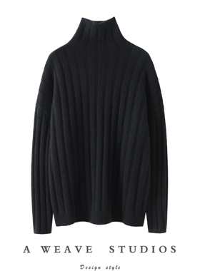 启超男女黑色粗坑条重磅山羊绒衫女粗棒针织加厚高领羊绒毛衣套头