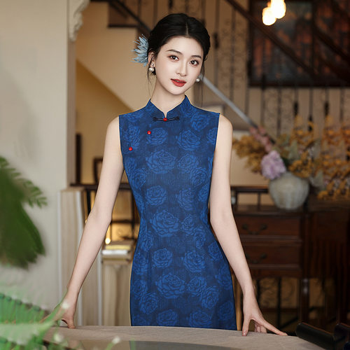 2026年新款改良旗袍夏季女年轻款气质高端提花蓝色连衣裙长款日常