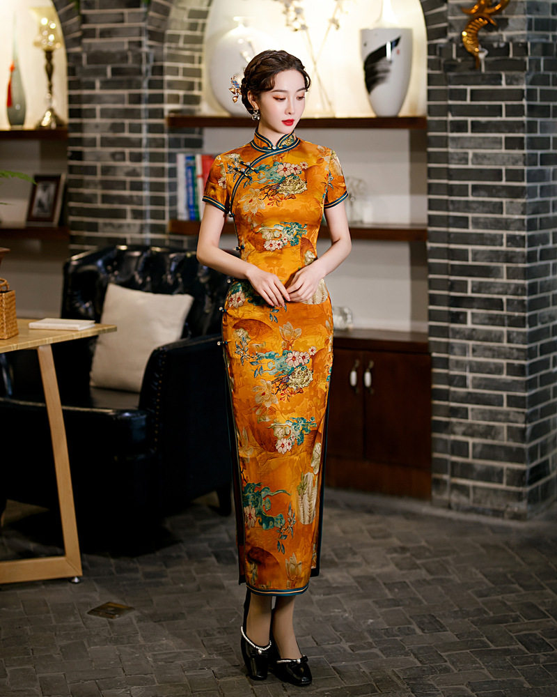 花罗缎旗袍2024新款春季女气质复古日常改良民国风长款修身旗袍裙
